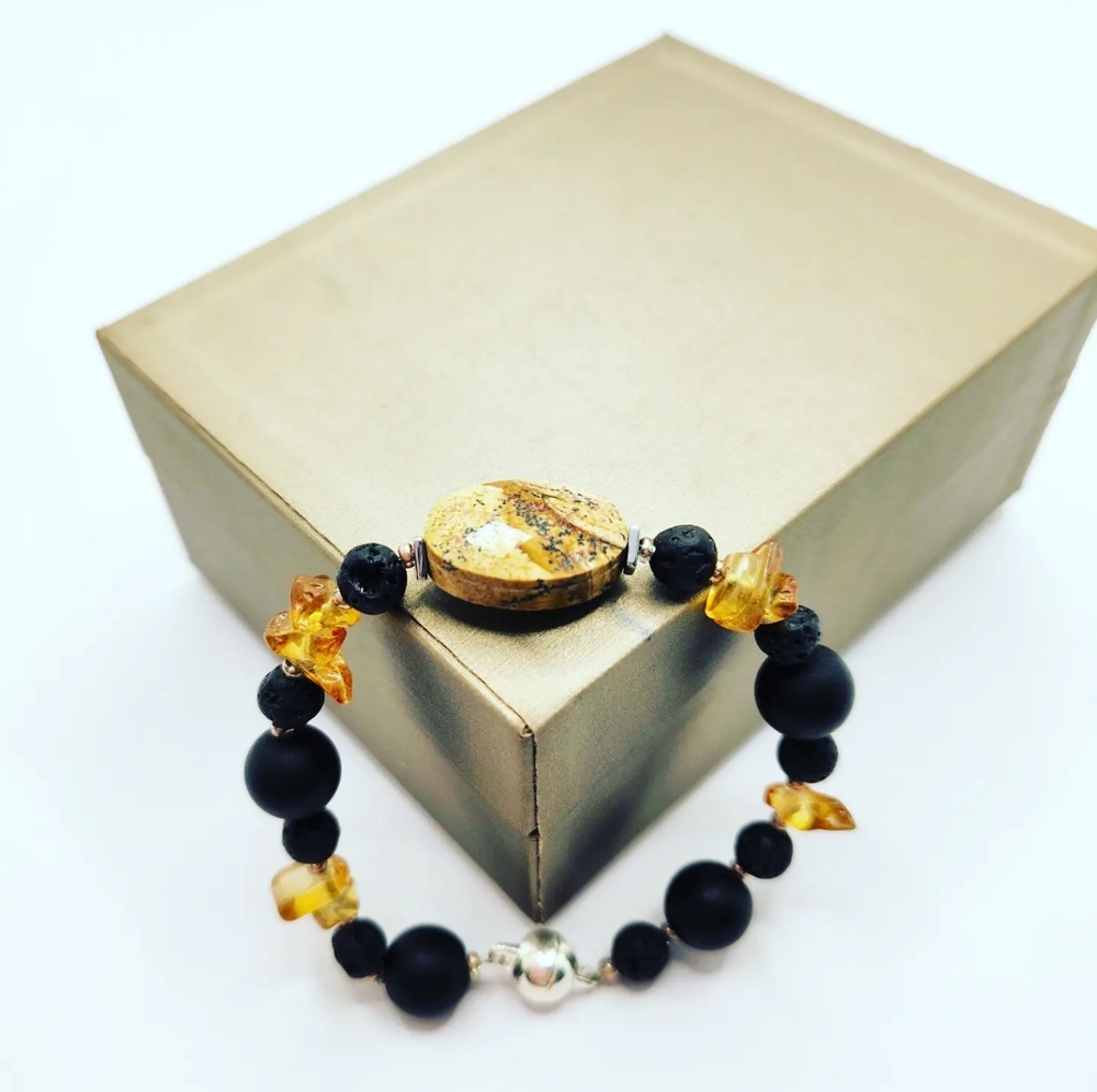 Picture Jasper, Lava Stone, Black Agate magnetic clasp bracelet